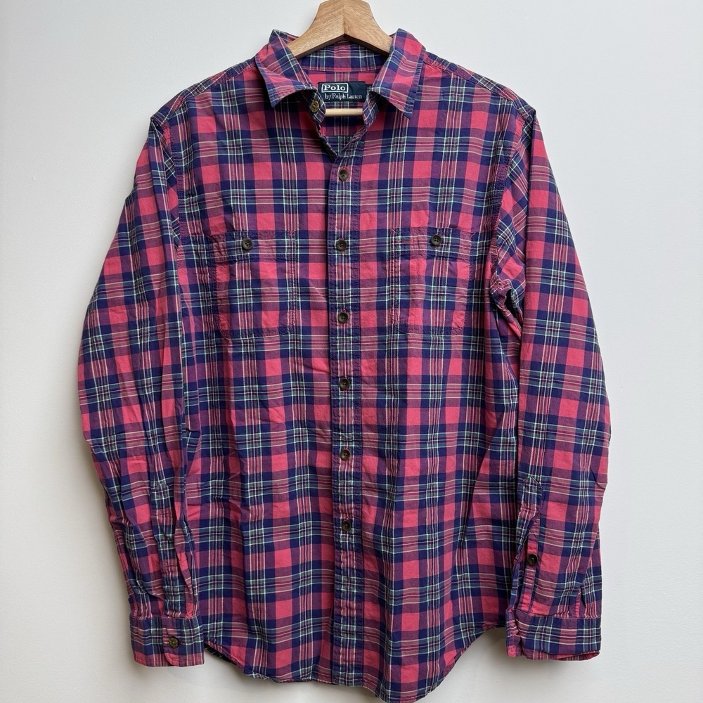 Polo Ralph Lauren Men's Large Shirt Pink Blue Green Plaid Long Sleeve Button-Up